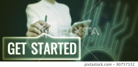 Text showing inspiration Get Started. Internet Concept asking someone to begin task endeavour or process right now Businessman in suit holding open palm symbolizing successful teamwork. Text showing inspiration Get Started. Internet Concept asking someone to begin task endeavour or process right now Businessman in suit holding open palm symbolizing successful teamwork. 90757332