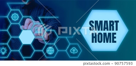 Conceptual display Smart Home. Business concept automation system control lighting climate entertainment systems Lady in suit holding pen symbolizing successful teamwork accomplishments. Conceptual display Smart Home. Business concept automation system control lighting climate entertainment systems Lady in suit holding pen symbolizing successful teamwork accomplishments. 90757593
