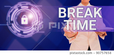 Conceptual display Break Time. Conceptual photo Period of rest or recreation after doing of certain work Businessman in suit holding open palm symbolizing successful teamwork. Conceptual display Break Time. Conceptual photo Period of rest or recreation after doing of certain work Businessman in suit holding open palm symbolizing successful teamwork. 90757658