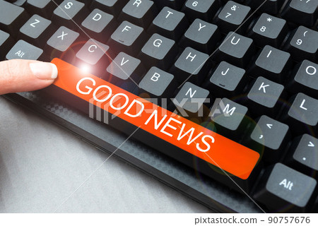 Writing displaying text Good News. Business concept Someone or something positive,encouraging,uplifting,or desirable Businessman in suit holding notepad symbolizing successful teamwork. 90757676