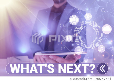Text sign showing What S Next. Conceptual photo Asking whatever comes immediately after the present one Businessman in suit holding notepad symbolizing successful teamwork. 90757681