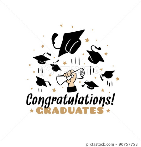 Students congratulations background. Student graduate banner, graduation label with hand hold paper scroll and flying academic cap, tidy party vector badge Students congratulations background. Student graduate banner, graduation label with hand hold paper scroll and flying academic cap, tidy party vector badge 90757758