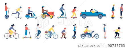 People riding on car and segway, ride scooter and motorcycle. Alternative vehicle, isolated teens on skateboards and electric transport recent vector set 90757763