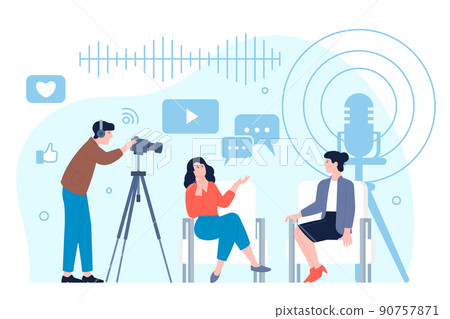 Video bloggers. People doing video content, streaming or online translation. Interview, operator and journalist, news tv show recent vector scene 90757871