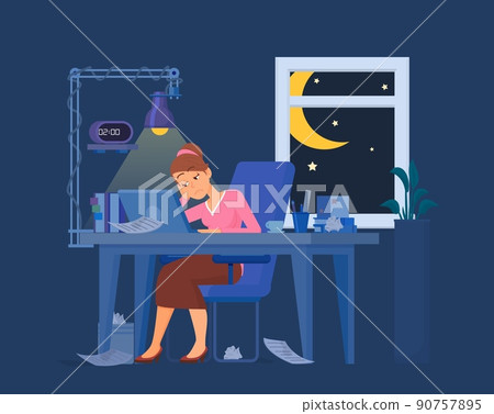 Work late concept. Worker burnout, exhausted businesswoman in office at night. Manager at workplace working with computer, tired decent vector character Work late concept. Worker burnout, exhausted businesswoman in office at night. Manager at workplace working with computer, tired decent vector character 90757895