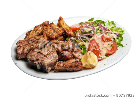 White plate with Mixed meat grilled and salad Isolated 90757922