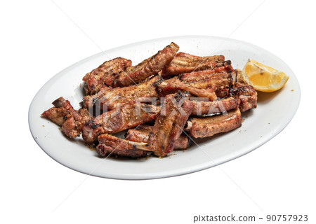 White plate with Spare ribs and lemon Isolated 90757923