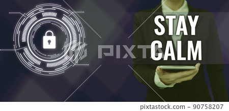Inspiration showing sign Stay Calm. Concept meaning Maintain in a state of motion smoothly even under pressure Businessman in suit holding notepad symbolizing successful teamwork. Inspiration showing sign Stay Calm. Concept meaning Maintain in a state of motion smoothly even under pressure Businessman in suit holding notepad symbolizing successful teamwork. 90758207