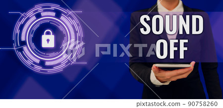 Text caption presenting Sound Off. Business idea To not hear any kind of sensation produced by stimulation Businessman in suit holding notepad symbolizing successful teamwork. 90758260