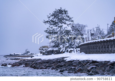 《Toyama Prefecture》 Winter Amaharashi Coast / Snow-covered Onnaiwa 90758611