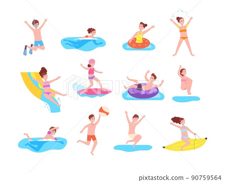 Swimming children in aquapark. Kids summer resort water activities, baby play in pool or sea, girl boy ride waterpark aqua sport outdoor fun amusement, splendid vector illustration 90759564