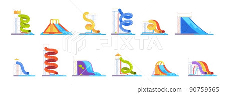 Aquapark water slides. Water attraction ride spiral tunnel in pool, inflatable bouncy waterslide aqua park beach amusement kids playground plastic tub, splendid vector illustration 90759565