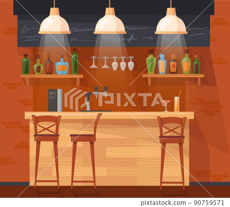 Cartoon pub counter. Bar interior inside cafe or nightclub, bartender table closeup, alcohol beverage liquor wine on shelf, barstool cafe light seat club, neat vector illustration 90759571