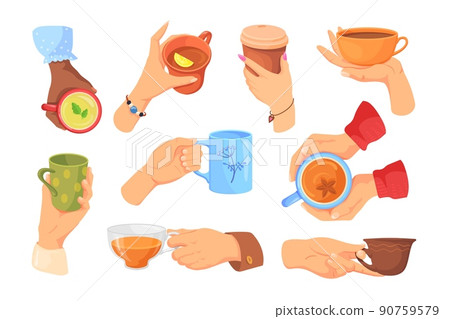 Hands holding different cups. Lots hand drinks, arm keep cardboard cup or hot coffee black tea sugar cacao different cupped mug cacao lemon breakfast Hands holding different cups. Lots hand drinks, arm keep cardboard cup or hot coffee black tea sugar cacao different cupped mug cacao lemon breakfast 90759579