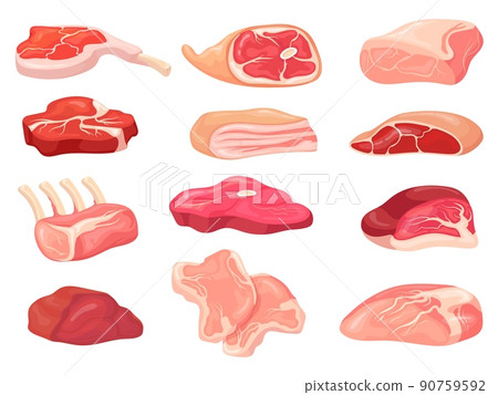 Cartoon rustic meat. Raw animal steaks variety for roast chop barbecue, beef pork ham lamb bacon white fat lard sirloin, rib loin butcher 90759592