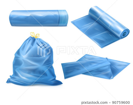 Realistic trash bag. 3D garbage sack for dustbin, mockup plastic waste sacks kitchen refuse bagging polyethylene rolls tie bags filling biodegradable junk 90759600