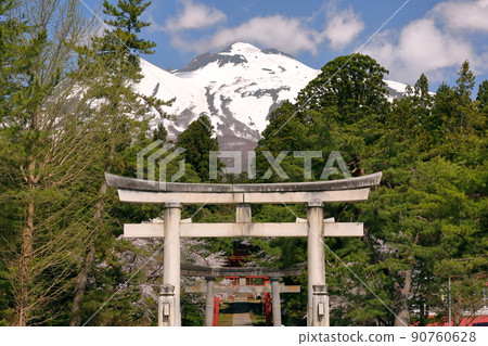 Hyakuzawa Terazawa, Hirosaki City, Aomori Prefecture North Gate Guardian Iwakiyama Shrine From the front, Ichino Torii, the approach to the shrine, a row of cherry blossom trees, and Mt. Hyakuzawa Terazawa, Hirosaki City, Aomori Prefecture North Gate Guardian Iwakiyama Shrine From the front, Ichino Torii, the approach to the shrine, a row of cherry blossom trees, and Mt. 90760628