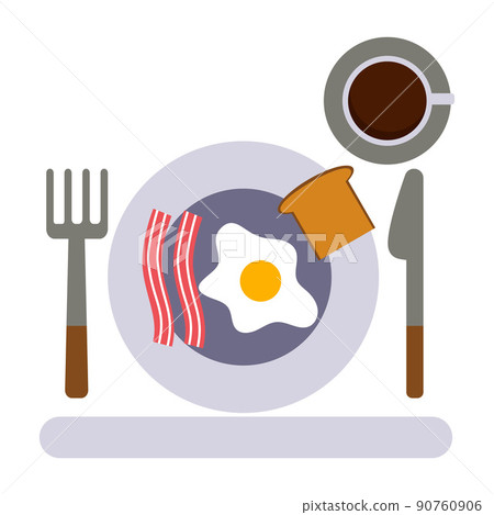 illustration of breakfast - eggs with bacon, toast and a cup of coffee on a gray plate. Simple food. 90760906