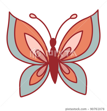 Butterfly Retro 70s 60s Groovy Hippie vector illustration. Boho Summer retro colours butterfly print for tee shirt or fashion fabric. 90761078
