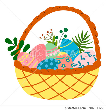 Basket with colored eggs. Easter basket icon, flat style. Isolated on a white background Basket with colored eggs. Easter basket icon, flat style. Isolated on a white background 90761422