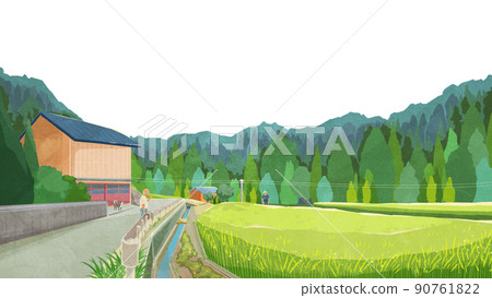 風景與夏季稻田手寫水彩風格插圖 90761822