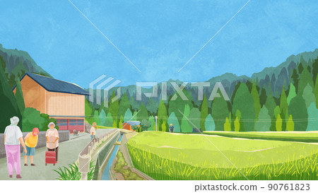 Landscape with summer rice fields Handwritten watercolor style illustration 90761823