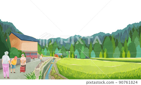 Landscape with summer rice fields Handwritten watercolor style illustration 90761824