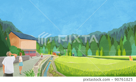 Landscape with summer rice fields Handwritten watercolor style illustration 90761825
