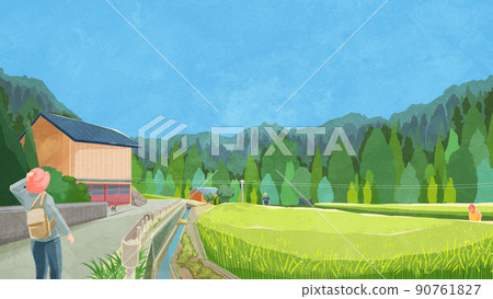 風景與夏季稻田手寫水彩風格插圖 90761827