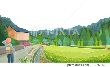 風景與夏季稻田手寫水彩風格插圖 90761829