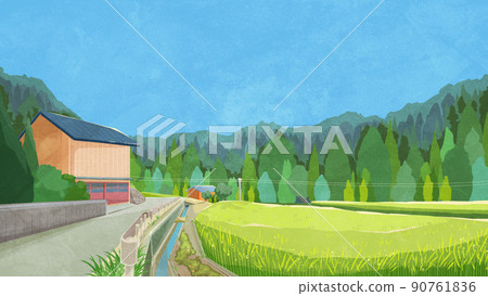 風景與夏季稻田手寫水彩風格插圖 90761836