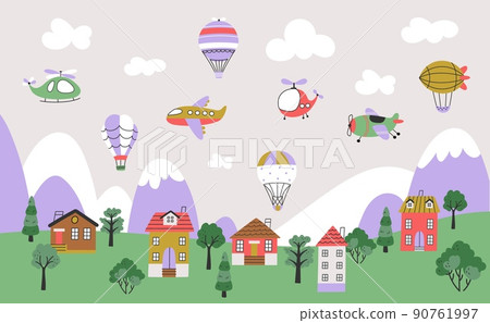 Kids airplanes landscape. Airplane and hot air balloons flying in sky. Cute children background with cartoon aurcraft, houses and mountains, nowaday vector scene 90761997