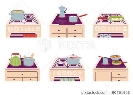 Cook on the stove. Food in pan and pot. Boiling soup on gas cooker, cooking fried eggs, meat and pasta. Prepare dinner breakfast decent vector set Cook on the stove. Food in pan and pot. Boiling soup on gas cooker, cooking fried eggs, meat and pasta. Prepare dinner breakfast decent vector set 90761998