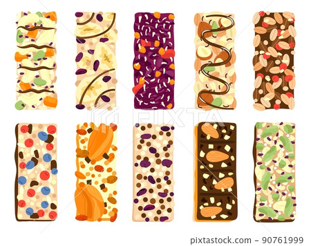Healthy granola bars. Isolated honey bar with nuts cereal and dried fruits. Muesli cookies, protein energy snacks with seeds. Decent vector fast food set Healthy granola bars. Isolated honey bar with nuts cereal and dried fruits. Muesli cookies, protein energy snacks with seeds. Decent vector fast food set 90761999