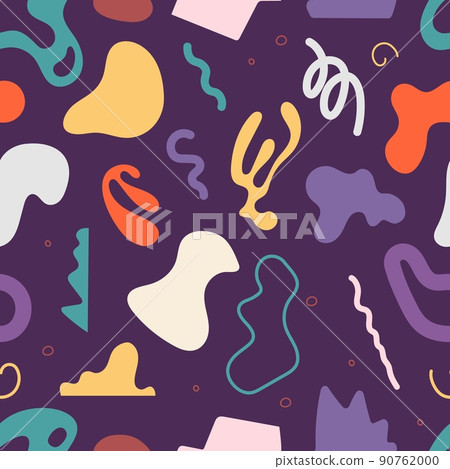 Trendy contemporary abstract shapes seamless pattern. Liquid forms, colorful geometric figures fashion print. Vector template for fabric design Trendy contemporary abstract shapes seamless pattern. Liquid forms, colorful geometric figures fashion print. Vector template for fabric design 90762000