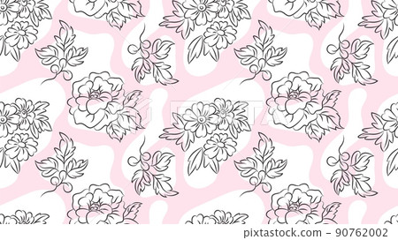 Romantic print roses chamomile and leaves. Outline flowers, spring summer garden vector seamless pattern. Decorative texture with abstract shapes Romantic print roses chamomile and leaves. Outline flowers, spring summer garden vector seamless pattern. Decorative texture with abstract shapes 90762002