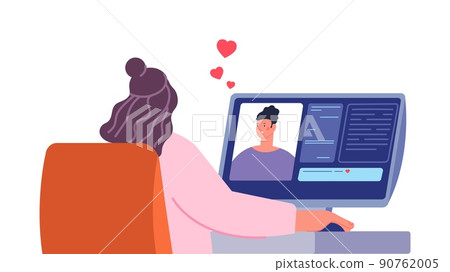 Online dating, woman in romantic chat with man. Remote communication, couple in love on distance. Video call with boyfriend vector concept Online dating, woman in romantic chat with man. Remote communication, couple in love on distance. Video call with boyfriend vector concept 90762005
