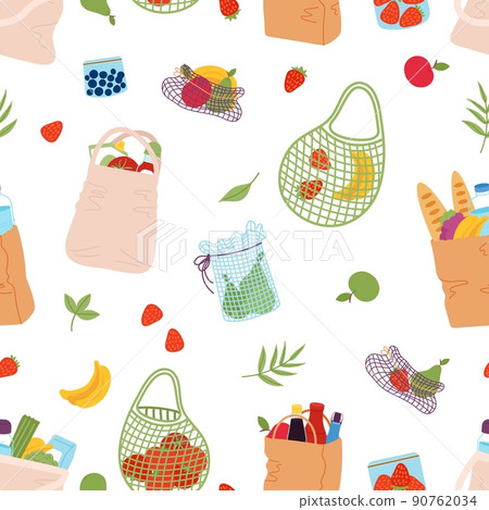Eco shopping bags. Fruits and grocery store packs, craft paper bag with food. Fresh market products, zero waste vector seamless pattern 90762034
