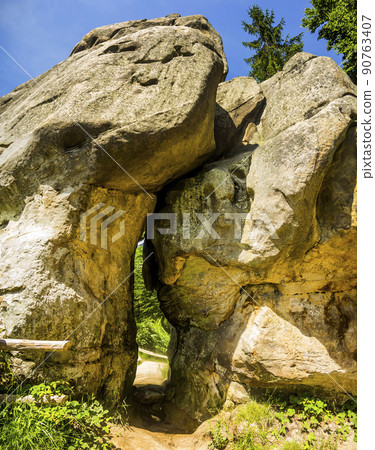 rocks with recesses for the wooden beams in Tustan fortress place, Skole Beskids National Nature Park, Lviv region, Ukraine rocks with recesses for the wooden beams in Tustan fortress place, Skole Beskids National Nature Park, Lviv region, Ukraine 90763407