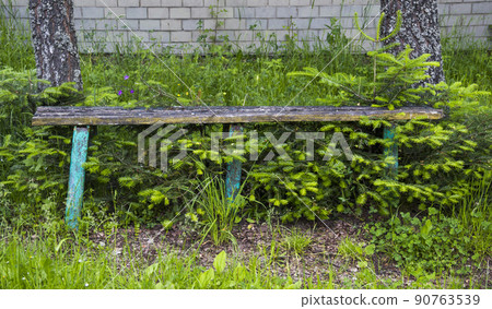 old wooden bench in abandoned park old wooden bench in abandoned park 90763539