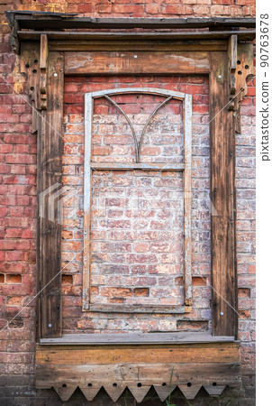 Installation in the form of an old window on a brick wall 90763678
