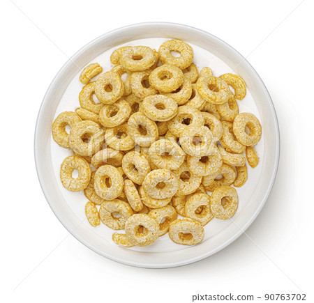 Corn rings with milk isolated on white background top view 90763702