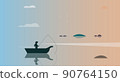 Black silhouette of a fisherman sitting in a boat and fishing with a rod. Vector illustration  90764150