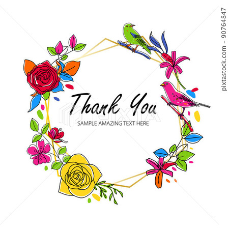 Vintage Greeting bright Card with Blooming Flowers and Birds. Thank You with Place for Your Text. Roses, Wildflowers, Vector Illustration 90764847