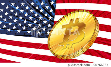 Gold coin of bitcoin on background of american flag with stars in color. America one of leaders in BTC mining with large hashrate. 90766184