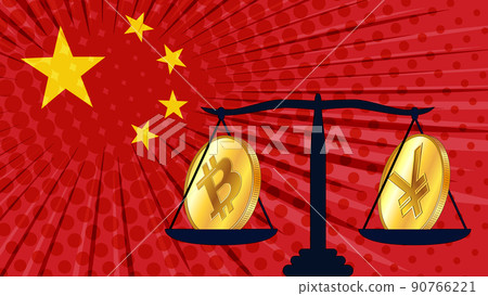 Gold coin of Bitcoin BTC and chinese currency Yuan CNY on scales with colored flag of China on background. Central Bank of China adopts laws on digital assets CBDC. 90766221