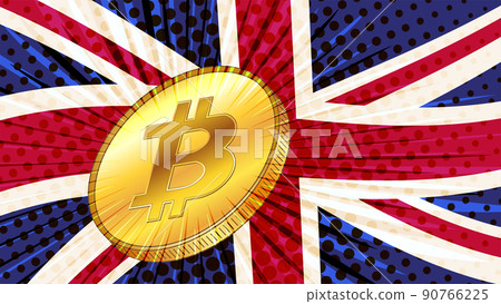 Gold coin of Bitcoin BTC and colored flag of Great Britain on background. Central Bank of England adopts laws on mining and digital assets. 90766225