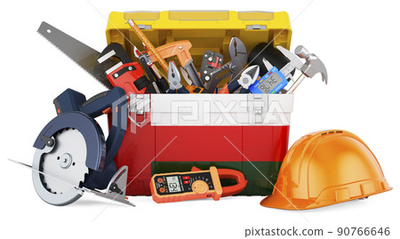 Omani flag painted on the toolbox. Service, repair and construction in Oman, concept. 3D rendering Omani flag painted on the toolbox. Service, repair and construction in Oman, concept. 3D rendering 90766646