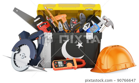 Pakistani flag painted on the toolbox. Service, repair and construction in Pakistan, concept. 3D rendering Pakistani flag painted on the toolbox. Service, repair and construction in Pakistan, concept. 3D rendering 90766647