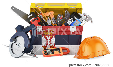 Serbian flag painted on the toolbox. Service, repair and construction in Serbia, concept. 3D rendering Serbian flag painted on the toolbox. Service, repair and construction in Serbia, concept. 3D rendering 90766666